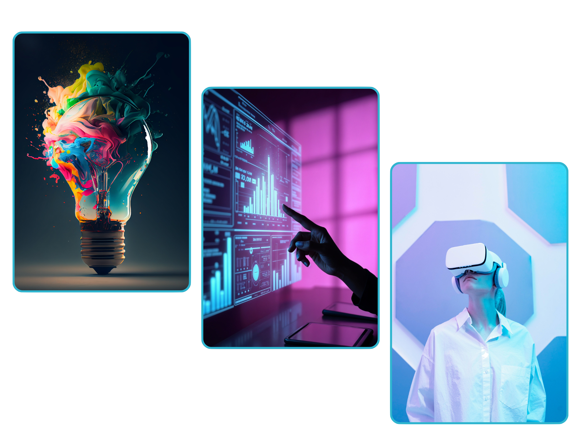 first image Creative light bulb abstract on glowing blue background , second image hand touching graphics on augmented reality dashboard and third image a woman seeing with virtual reality glasess and a light room with hexagons on the background