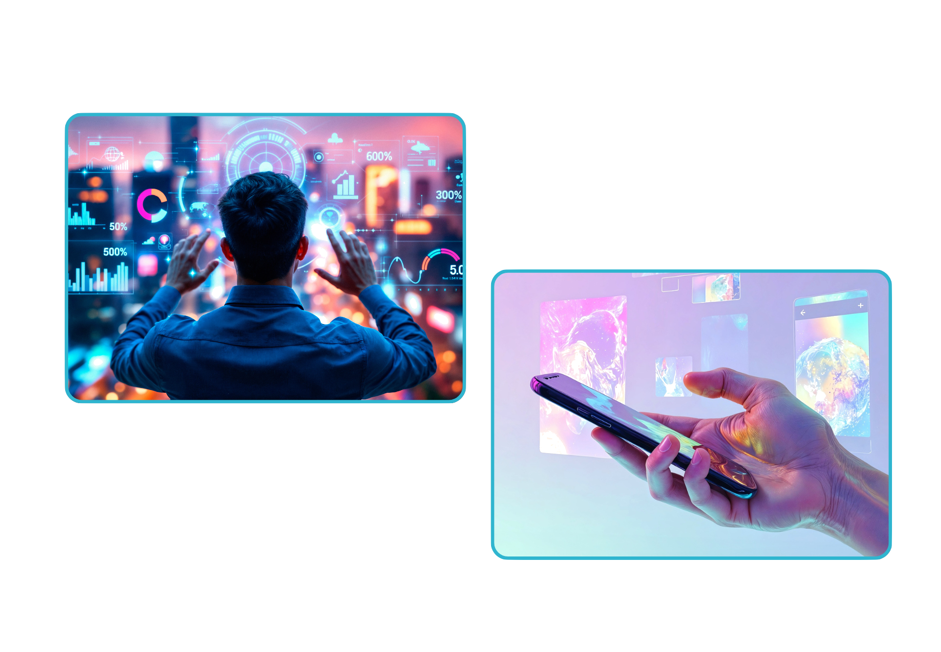 Guy typing on the a screen projected in the air seeing a big amount of graphics and tendencies, the second image it is a hand browsing images with a clear backgroung